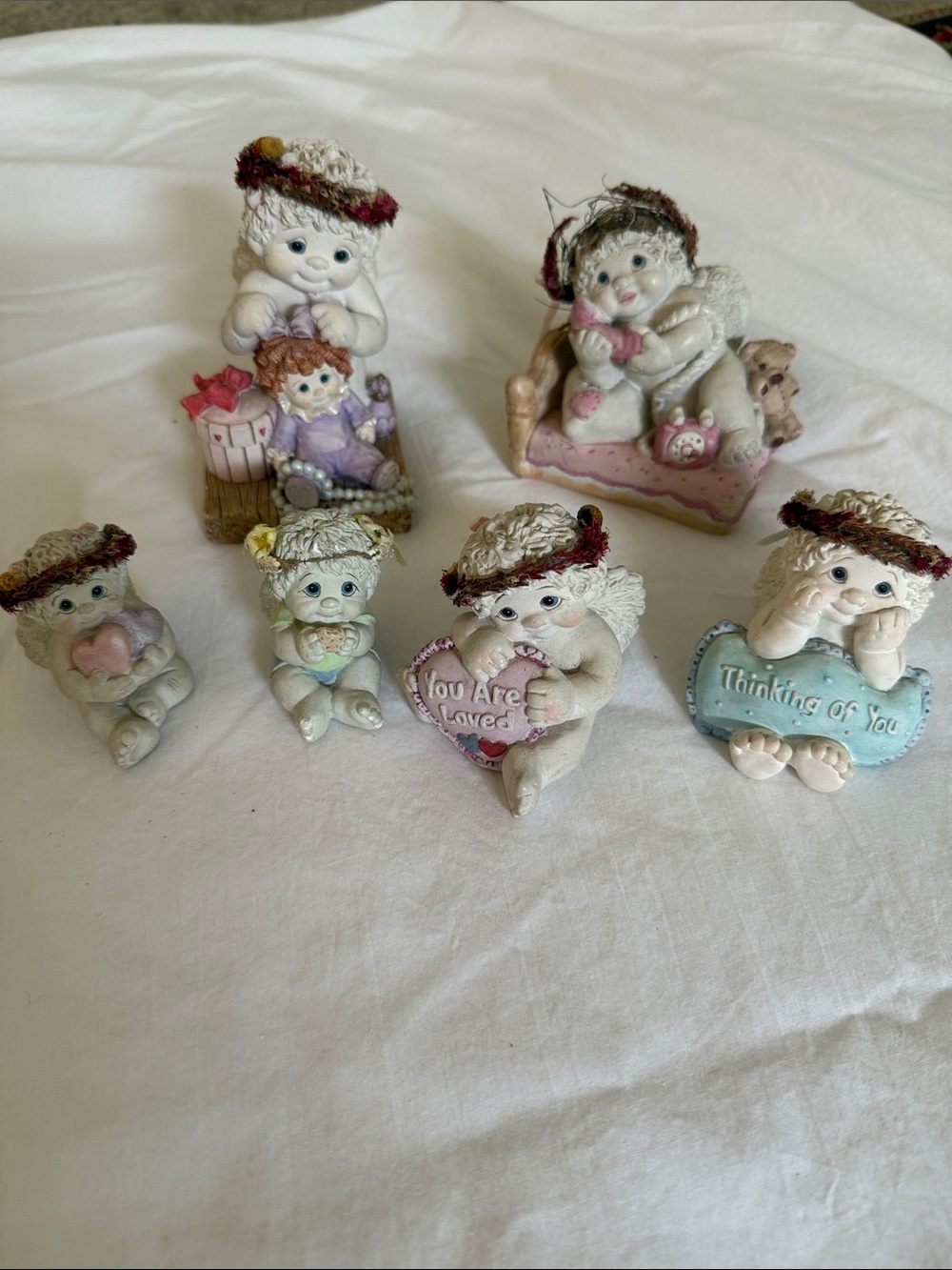 Cherub Resin 6 Figurine Set - Pastel White and Pink Decorative Angels
